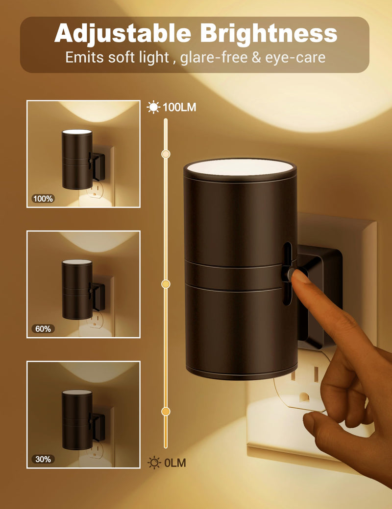 Night Lights Plug into Wall, Dimmable Night Light Plug in, Modern Night Lights with Dusk to Dawn Light Sensor, Soft White 3000K, 0-100LM Adjustable Brightness Nightlight for Hallway Bedroom, 4 Pack Warm - Black Shade