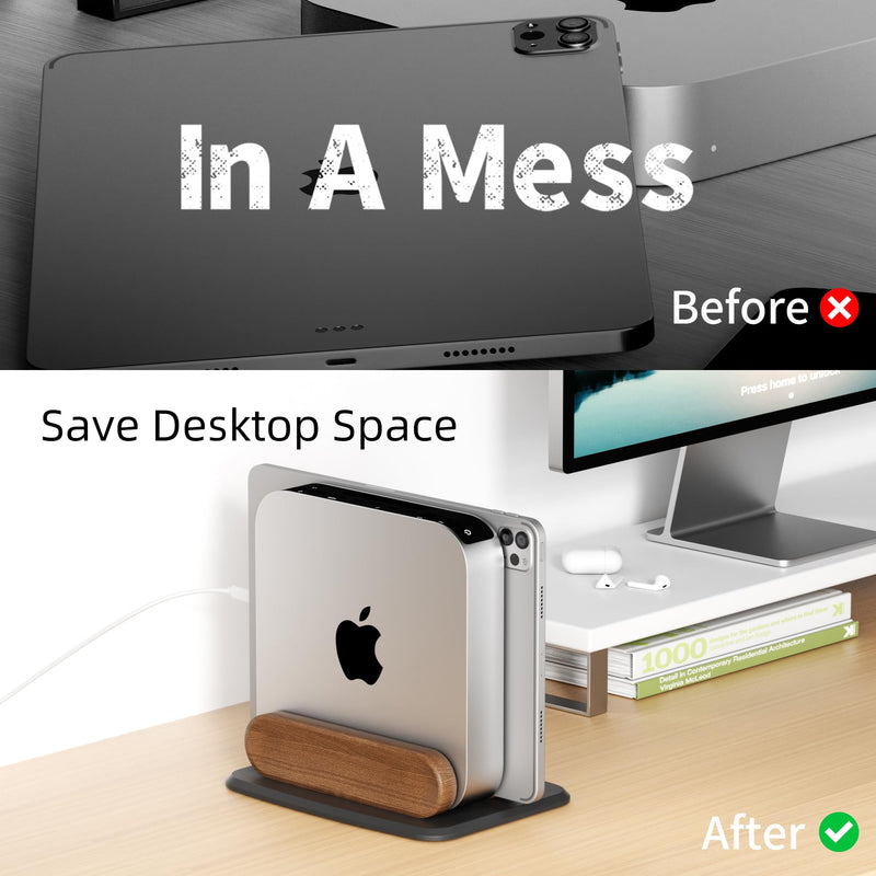 Mac mini Vertical Stand, Universal Aluminum & Wooden Desktop Holder for 2010-2024 M1/M2/M2 Pro/M4/M4 Pro, Cooling & Space-Saving Design