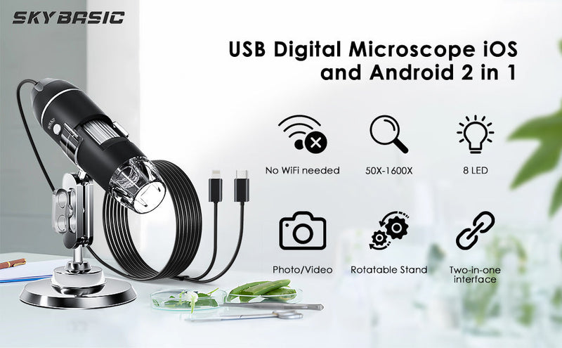USB Digital Microscope, SKYBASIC Handheld HD Inspection Camera with 50x to 1600x Magnification and Adjustable Stand, 8 LED Lights, Compatible with iOS and Android Devices black