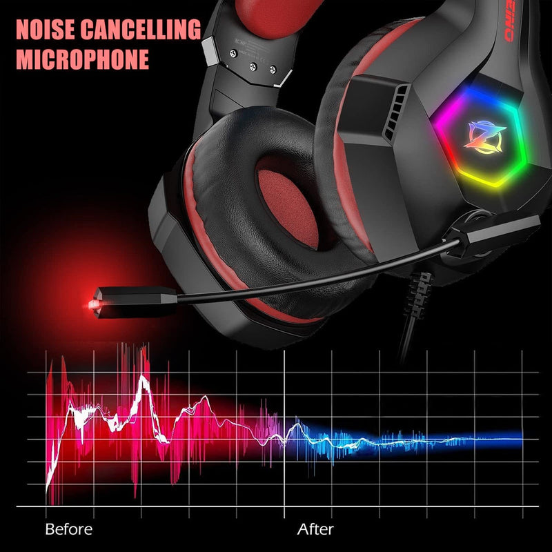 Gaming Headset for PC, Ps4, Ps5, Xbox Headset with 7.1 Surround Sound, Gaming Headphones with Noise Cancelling Mic RGB Light Over Ear Headphones for Xbox Series X/S, Switch -Red Red