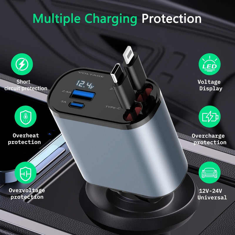 Retractable Car Charger, 4 in 1 Fast Charge Car Phone Charger Adapter 100W, Retractable Cables(2.6ft) for iPhone & Type-C, Cigarette Lighter Adapter for iPhone15/14/13 Pro Max, Galaxy, Pixel