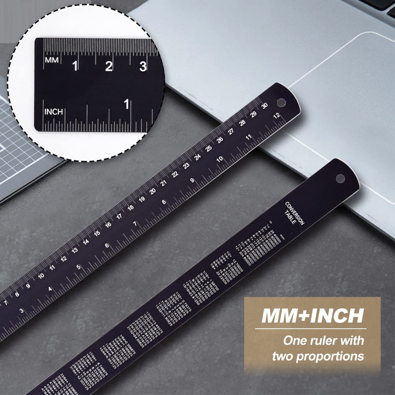 Metal Ruler, 30 cm, 15 cm, Steel Ruler, Metal Ruler, Double Scale, Steel Ruler, Set of 2, Edge Measuring Tool Ruler (Black)