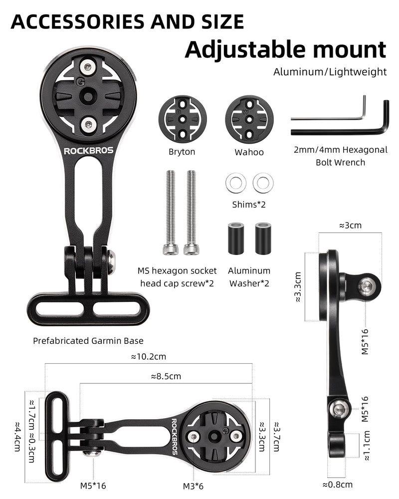 ROCKBROS Bike Computer Mount Adjustable Out-Front Bicycle Computer Mount Aluminum Integrated Cycling Computer Mount Compatible with Garmin, Bryton, Go Pro Adjustable mount