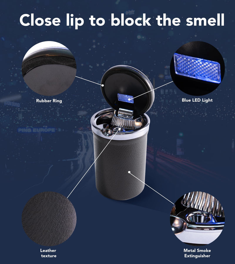 Car Ashtray with Lid Auto Ashtray LED Easy Clean Up Detachable Ashtray Tall