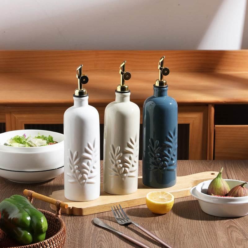 Sweejar 18 Oz Oil Dispenser for Kitchen with Gravity Spout, Ceramic Olive Oil Dispenser Bottle, Relief Opaque Vinegar Container for Evoo, Vinegar, Soy Sauce, Pack of 1(Fogblue, Silver Spout) Fog Blue 18 Oz(Silver Spout)