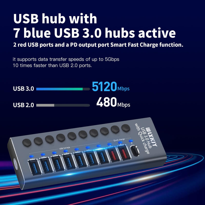 Boost Your Device Performance With Our Aluminum USB 3.0 Hub! 10-Port Splitter for Seamless Connectivity - 7 High-Speed Data Transfer, 2 Intelligent Charging, 1 PD Charging hub-9port+1pd