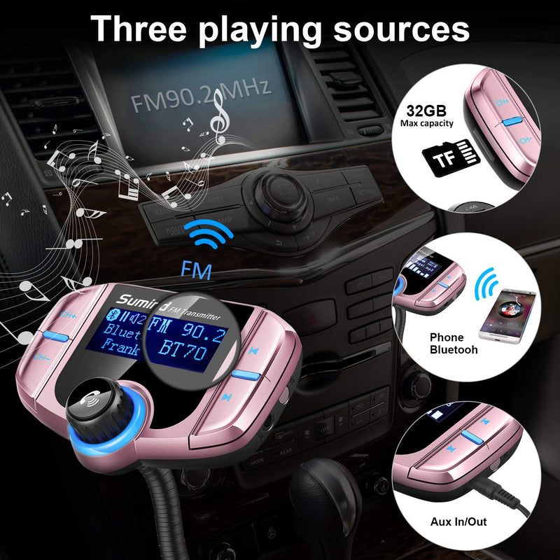 (Upgraded Version) Sumind Car Bluetooth FM Transmitter, Wireless Radio Adapter Hands-Free Kit with 1.7 Inch Display, QC3.0 and Smart 2.4A USB Ports, AUX Output, TF Card Mp3 Player(Rose Gold) Rose Gold Normal