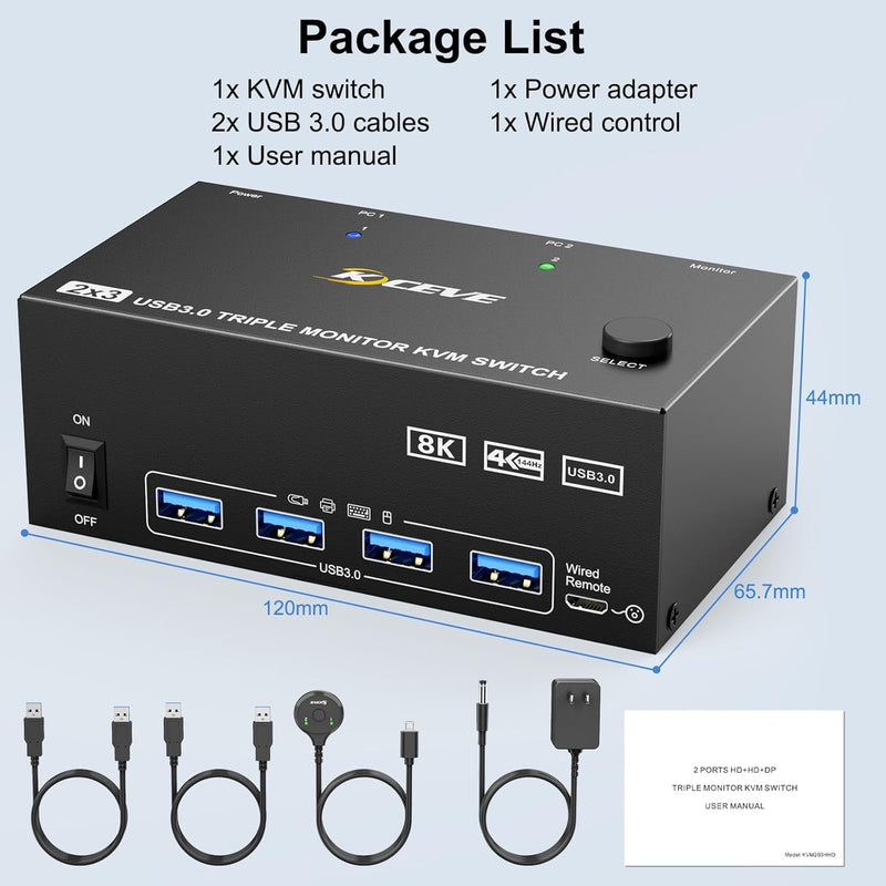 HDMI Displayport KVM Switch 3 Monitors 2 Computers 8K@60Hz/4K@144Hz, USB3.0 KVM Switches for 2 PC Sharing Triple Monitor and Keyboard Mouse with Power Adapter,Wired Extend Controller and USB3.0 Cables 8K HDMI DP KVM Switch 2 PC 3 Monitor