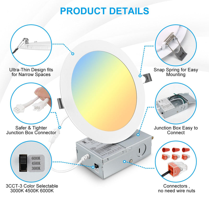 Elaruslux 2 Pack 7 Inch 3CCT Ultra-Thin LED Recessed Light with Junction Box, 3000K/4500K/6000K Selectable, 18W Eqv 125W, Dimmable Canless Downlight, 1600LM High Brightness 2-Pack