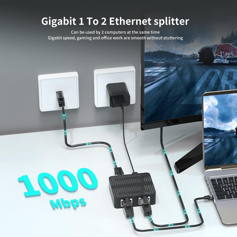 Gigabit Ethernet Splitter 1 to 2 Devices Simultaneously Networking, 1000Mbps High Speed LAN Splitter with USB-C Power Cable, Network Switch Hub Adapter for RJ45 Cat 5/5e/6/7/8 Cable