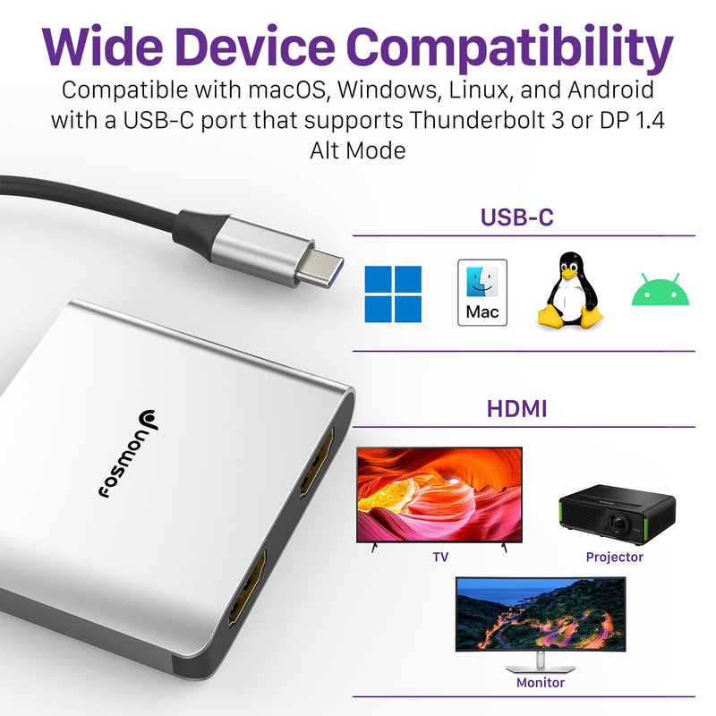 Fosmon USB C to HDMI Adapter (4k@60Hz), Dual HDMI Output with Aluminum Body, USB C Extender compatible with MacBook Pro/Air, iPhone15 Pro max, Dell, Lenovo, Samsung Galaxy