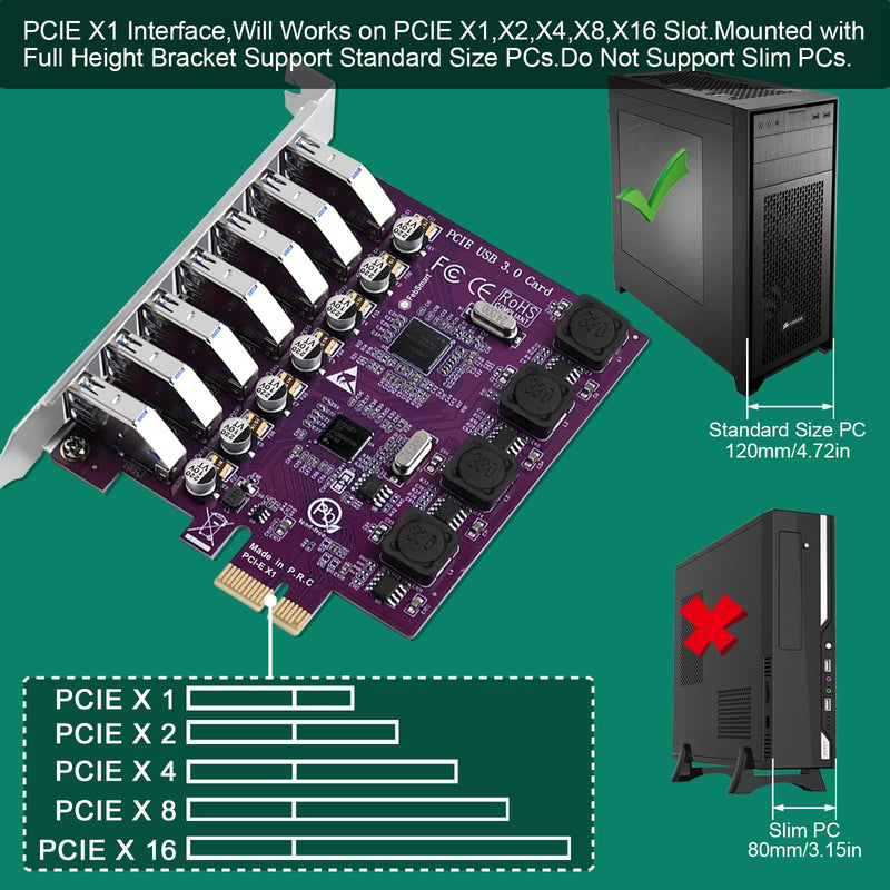 7X 5Gbps USB-A Ports PCIE USB 3.0 Expansion Card for Windows 11, 10, 8.x, 7, Vista, XP Desktop PCs, Built in FebSmart Self-Powered Technology, No Need Additional Power Supply (FS-U7L-Pro) FS-U7L-Pro Purple