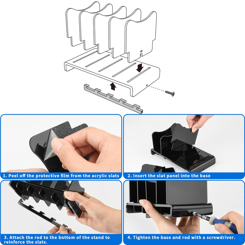 Acrylic Multi Device Organizer Stand Base for Portable Charger Power Banks, 4 Slots Desktop Storage Holder Compatible with USB Battery Pack, Phones and Tablets (Stand Only) - Black