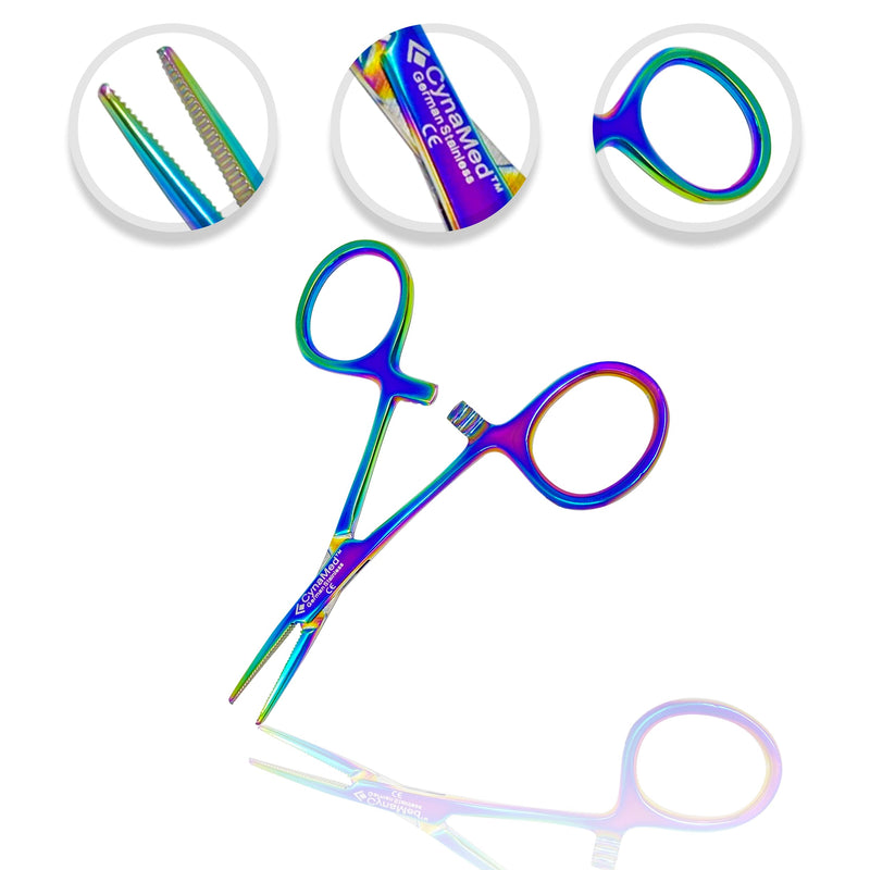 Cynamed Mosquito Hemostatic Forceps with Multicolor/Rainbow Titanium Coating - Premium Quality - Hemostat Clamping Pliers with Serrated Jaws - 3.5 in. (Straight) Straight