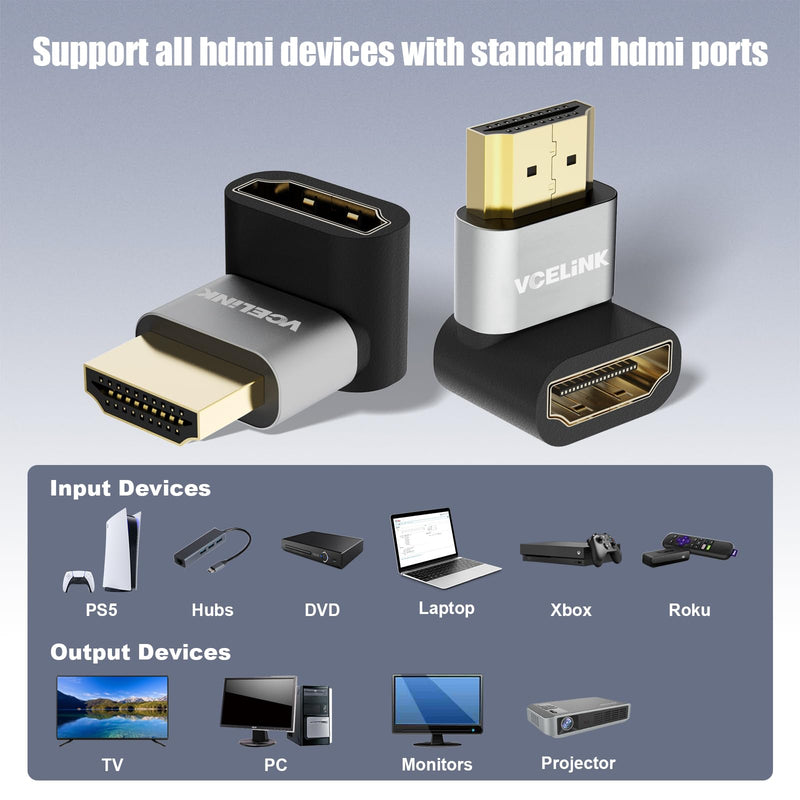 VCELINK 8K@60Hz HDMI Right Angle Adapter, 90 Degree and 270 Degree HDMI Adapter Male to Female, HDMI 2.1 Cable Adapter with 4K@120Hz, HDR, eARC for for HDTV Switch Laptop PS4 PS5 Xbox, 2-Pack