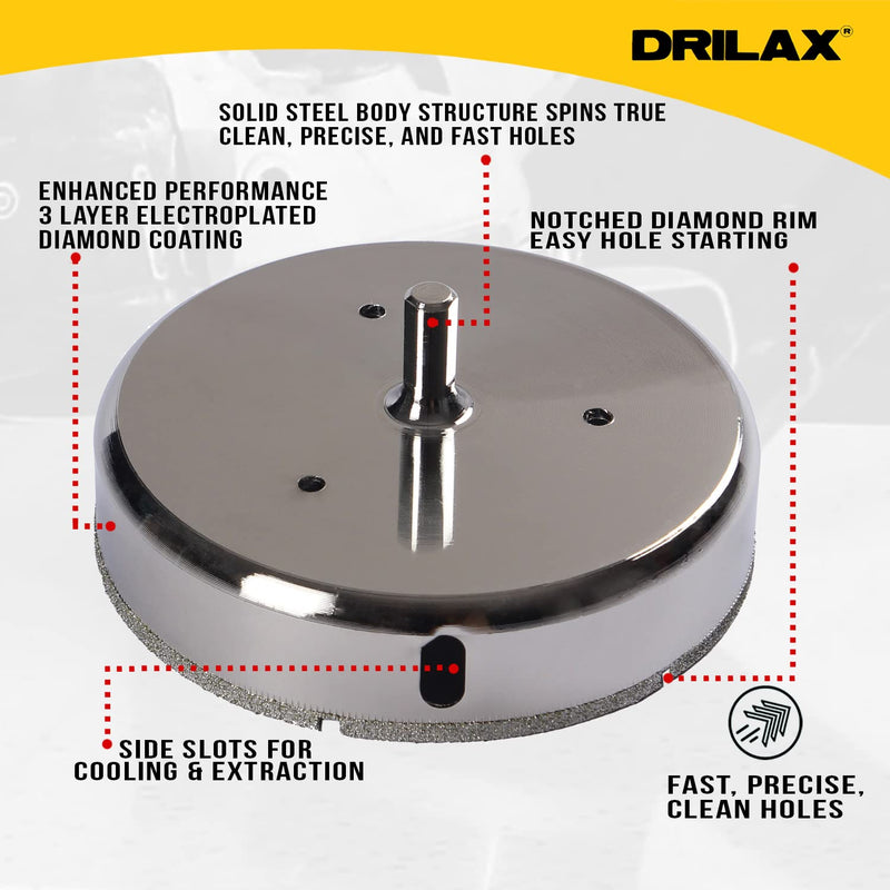 Drilax 5 Inch Diamond Hole Saw Drill Bit for Porcelain Tile, Granite, Glass & Ceramic - Heavy Duty Steel Core Cutter for Recessed Lighting, Shower Valves, and Toilet Flanges