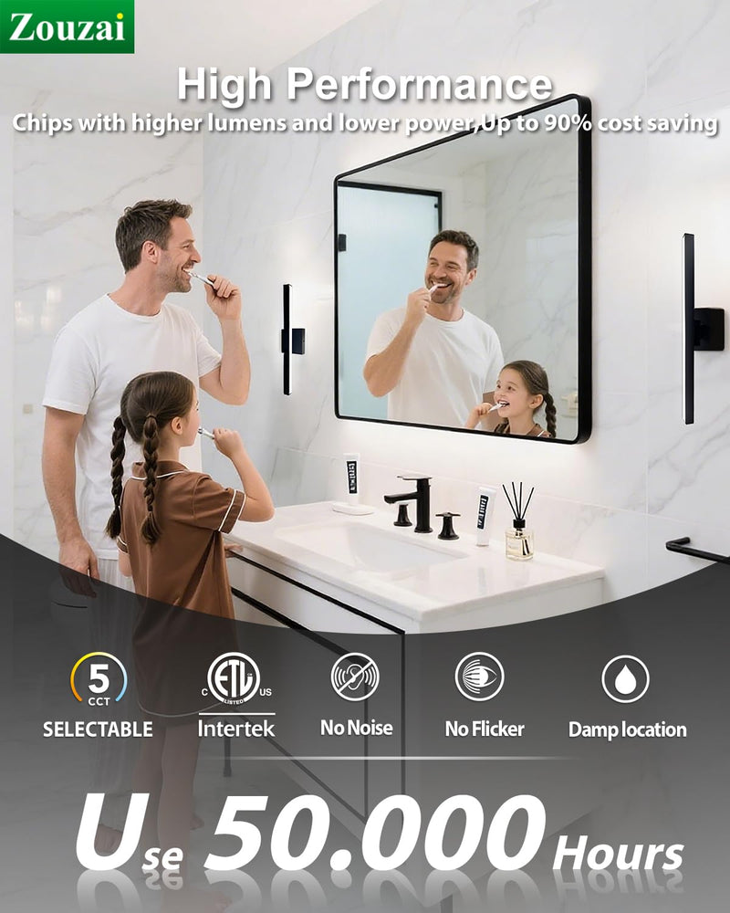 zouzai Second Generation Modern LED Bathroom Vanity Light Bar Black IP44 Over Mirror Bath Wall Fixture 5CCT Adjustable, Dual-Sided, 180° Adjustable Angle (16 inch) 16 inch