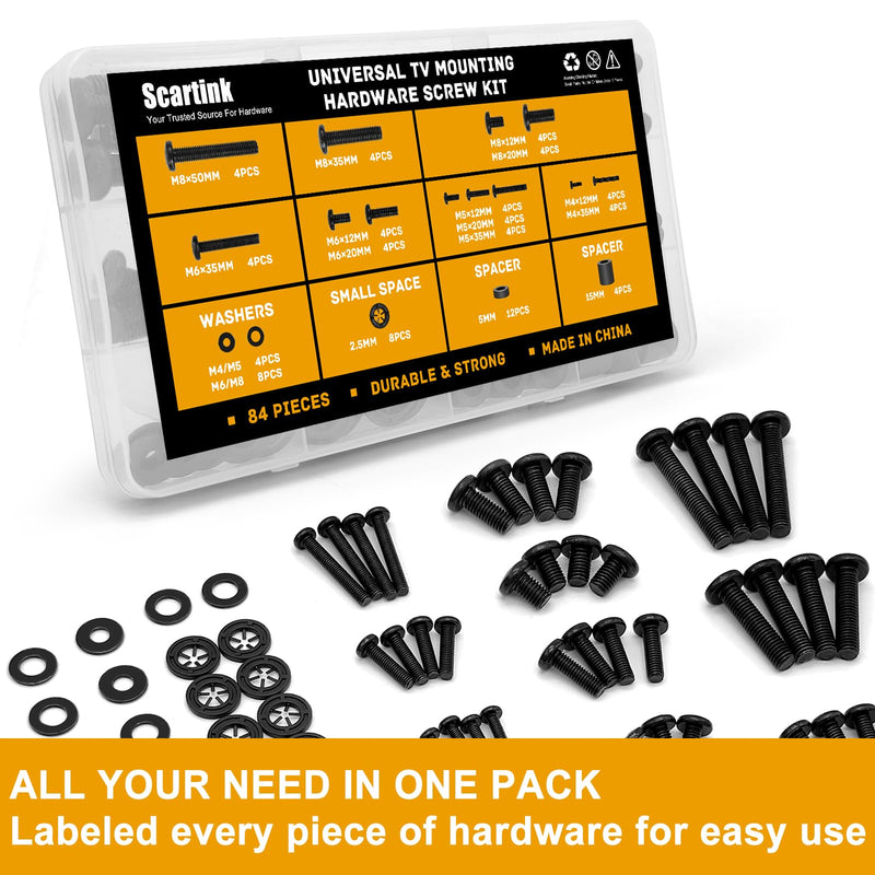 Universal TV Mounting Screws Hardware Kit with Box, Includes M4 M5 M6 M8 Screws, Washers, and Spacers, Compatible with Any TV Wall Mount/Display Up to 80 Inches (Black)