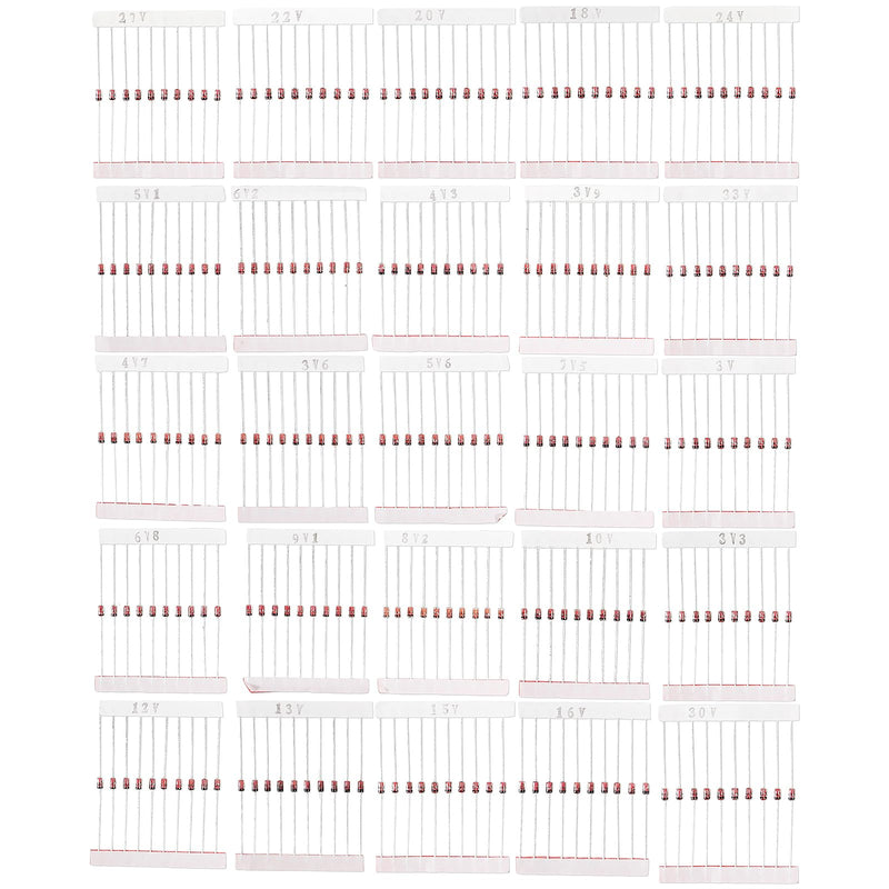 25 Values 1W Zener Diode Assortment Kit 3V 3.3V 3.6V 3.9V 4.3V 4.7V 5.1V 5.6V 6.2V 6.8V 7.5V 8.2V 9.1V 10V 12V 13V 15V 16V 18V 20V 22V 24V 27V 27V 3V 3 3V Assortment Set 250 Pieces 25 values 1W series