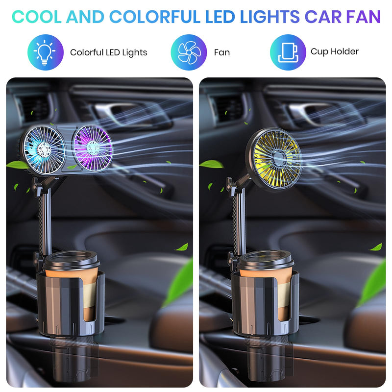 Car Fan, Car Fan Cup Holder with Colorful Lights, USB Portable Vehicle Cooling Air Fan for Car SUV, RV, Truck, 3 Speed, 360 Degree Rotatable, 6.6" USB Powered Electric Car Fans (Dual Head) Dual Head