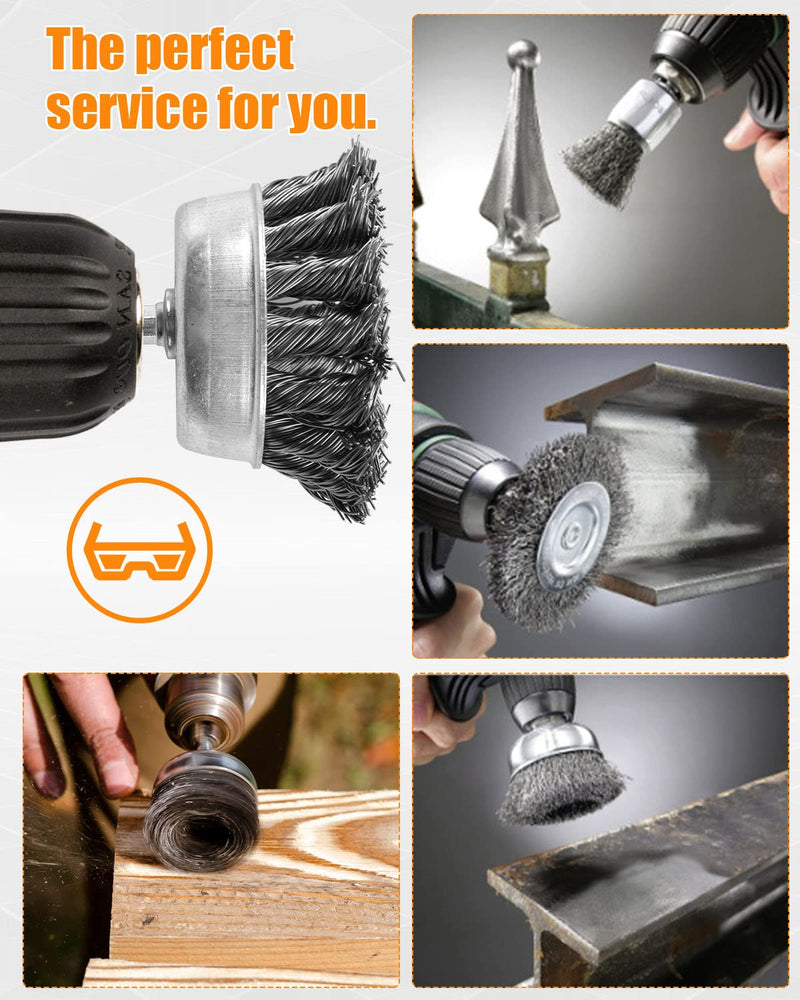 24 Pcs Wire Wheel Brush for Drill, Heavy Duty Drill Wire Brush Set, 1/4'' Hex Shank Wire Brush Drill Attachments Coarse Carbon Steel Crimped, Great for Cleaning Rust, Paint, Abrasive 24pcs(Twisted & Carbon Steel Wire)
