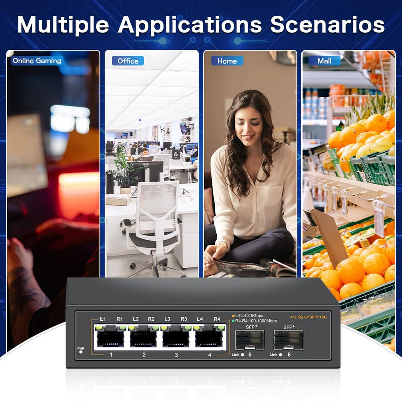 2.5G Unmanaged Ethernet Switch with 4 x 2.5G Base-T Ports and 2 x 10G SFP Uplink Port, Compatible with 100/1000/2500Mbps, Fanlesss Design, Plug & Play, Metal 2.5Gb Network Switch Da-K6402W
