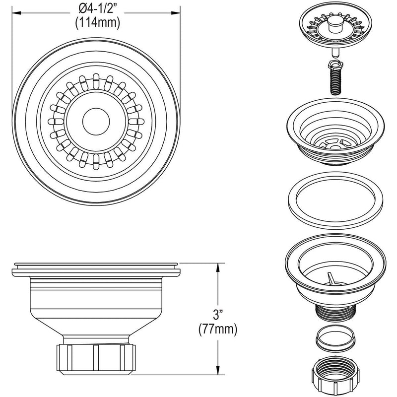 Elkay LKQS35SM Polymer Drain Fitting with Removable Basket Strainer and Rubber Stopper, Silvermist
