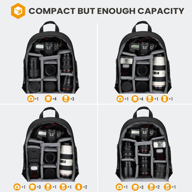 TARION Camera Backpack Bag Small - Professional DSLR Camera Bag Photography Backpack with 13“ Laptop Compartment & Waterproof Rain Cover & Tripod Holder for Photographers (Black TB-S) Black