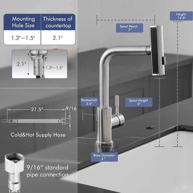 GIMILI Kitchen Faucet with Pull Down Sprayer Brushed Nickel Waterfall Modern Kitchen Sink Faucet Classic