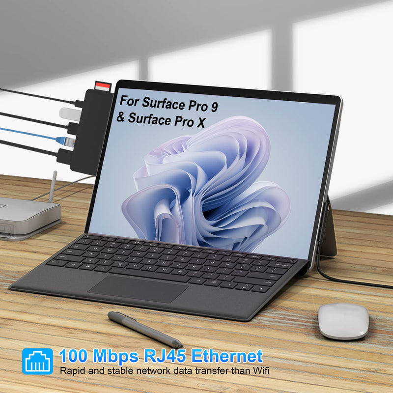 Surface Pro 9 Docking Station,Surface Pro 9 10 11 Hub Adapter with 100 Mbps LAN, 4K HDMI,100W USB-C (Display+Data+PD Charging),USB 3.0,3.5mm Audio,SD/TF Card Reader for Microsoft Surface Pro 11/10/9 Surface Pro 10/9/X Hub with 100 Mbps LAN(Black)