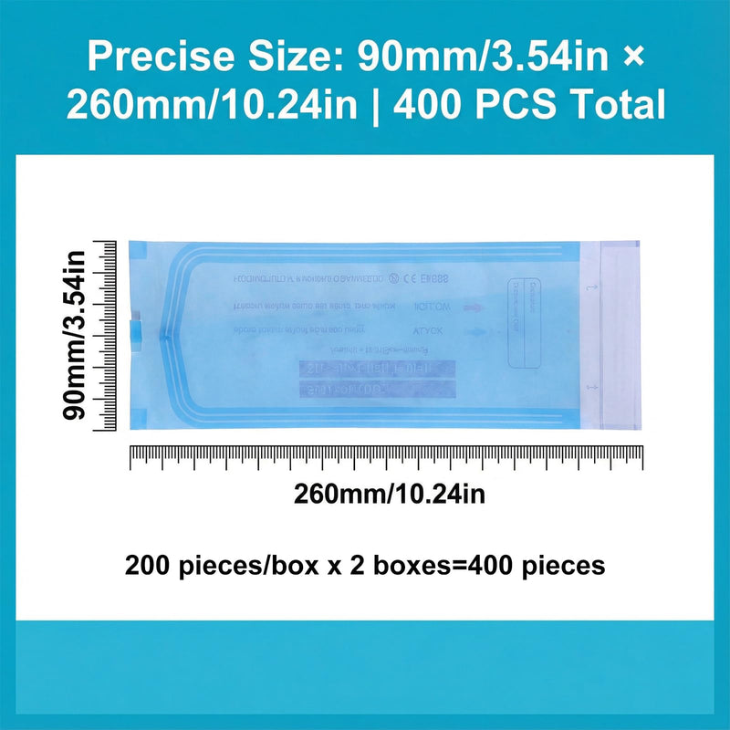 Pack of 400 Sterilisation Bags, Sterilising Bags Without Side Pleats, 90 x 260 mm, Self-Adhesive Sterilisation Bags for Cleaning Tools, Sterilising Bags for Dental Tools, Tattoos or Manicures