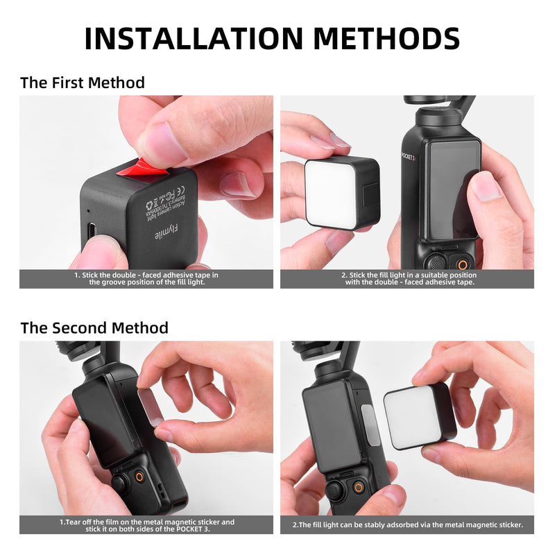 Pocket 3 Magnetic Fill Light Accessories, 6500K Adjustable Video Light with Quick - Release Cold Shoe Base, Compatible with DJI Osmo Action 5 Pro/4/3 Camera Cage Attachment, Black