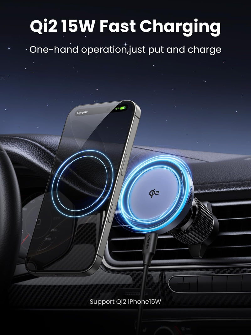 UGREEN Qi2 Wireless Car Charger, 15W Fast Charging Strong Magnetic Car Phone Holder with LED Light for iPhone 17/16/15/14/13/12 Series Car Accessories