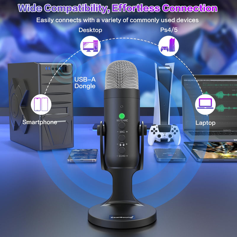 ZealSound Wireless Microphone,USB Mic for iPhone PC iPad Android Phone-Cordless Microphones with Mute Echo Monitor Volume Gain & Bluetooth BGM,2.4GHz for Podcast,ASMR,Gaming,YouTube Video/K66 Black