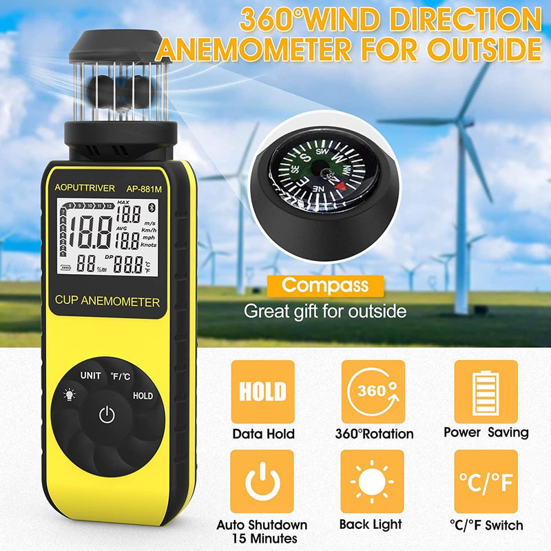 Digital Anemometer Handheld AP-881M Wind Gauge Anemometer with 360° Wind Direction Wind Cup Anemometer with Temp(℃/℉) Air Velocity Measurement Air Volume for HVAC Vents, Boat Sailing