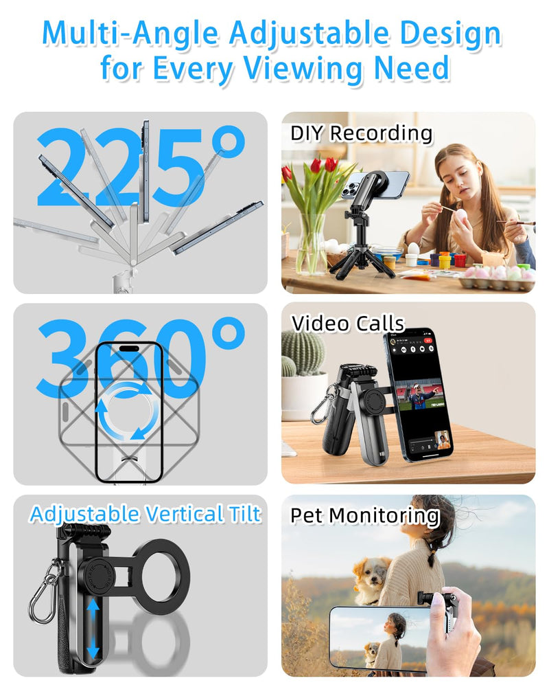CloudValley Magnetic 4-in-1 Multifunctional Selfie Stick Tripod, Mini Portable Pocket Phone Stand with Detachable Remote, Compatible with MagSafe, for iPhone/Android, Travel Vlog, Live Stream, Black