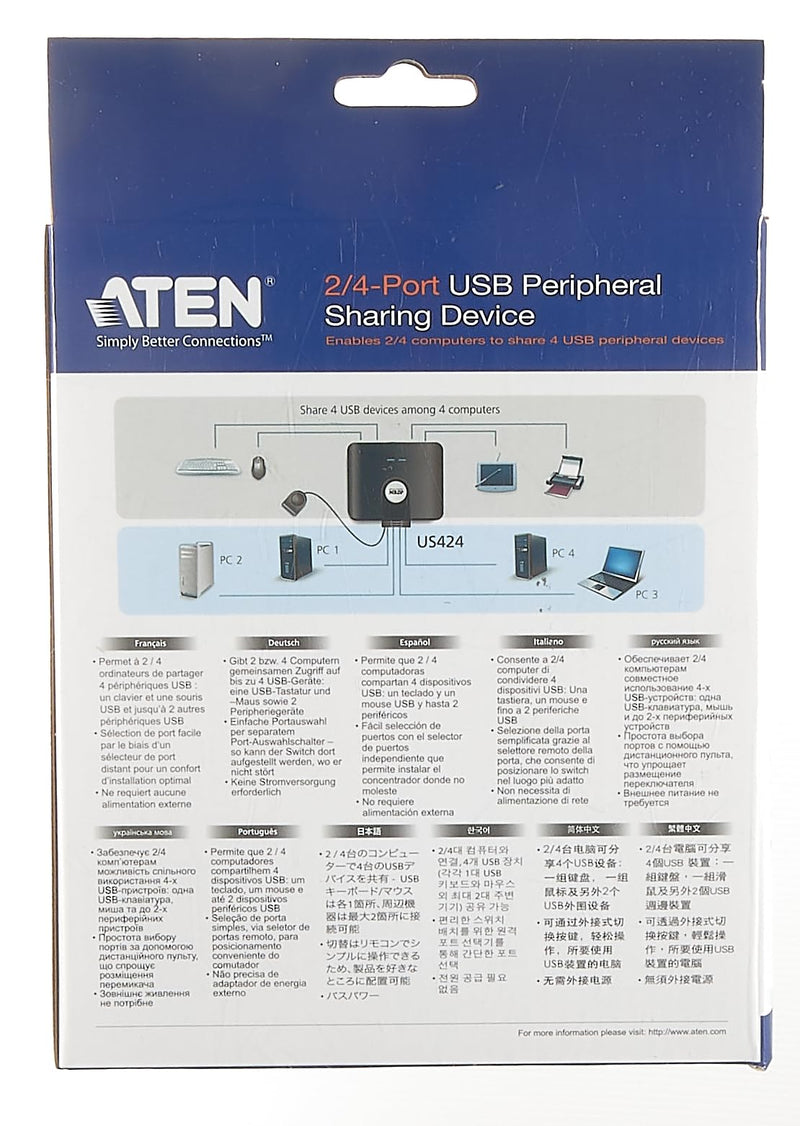ATEN US224 2 x 4 USB 2.0 Peripheral Sharing USB Switch 2 Computers Share 4 Devices Simple Remote Port Selector Included Supports Optional USB Power Adapter - Windows Mac Linux