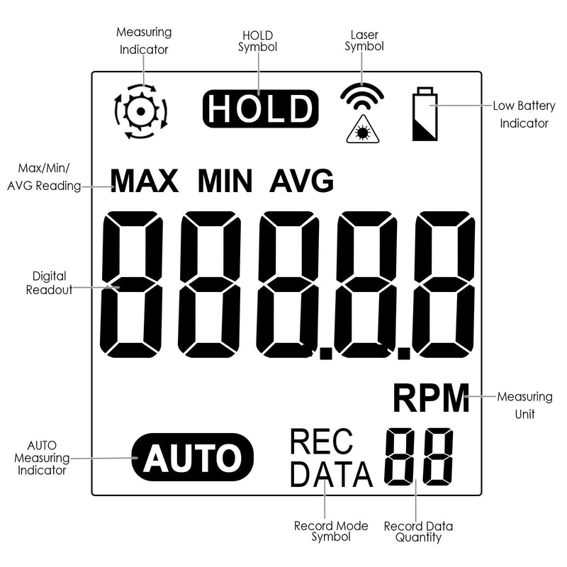 Handheld Digital Laser Non-Contact Tachometer, 2.5-99999 RPM, Record (60 Data) / MAX/MIN/AVG Function, ± 0.02% + 1 Digtal Accuracy, Tachometer Tach. Meter display Portable tachometer