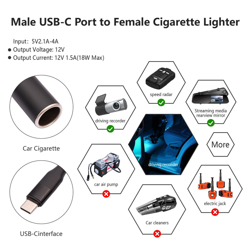 USB C Male to 12V Car Cigarette Lighter Socket Female Converter Cable 1 Feet,18W USB C to Cigarette Lighter Adapter for Dash Cam, GPS