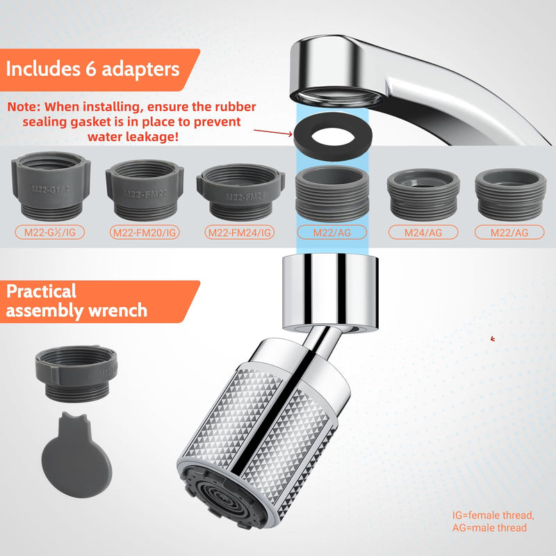 HUAERSICO Universal Kitchen Tap Attachment Stainless Steel with Three Jet Types | Swivel Tap Extension with Six Tap Adapters for Kitchen and Bathroom Silver White in Chrome