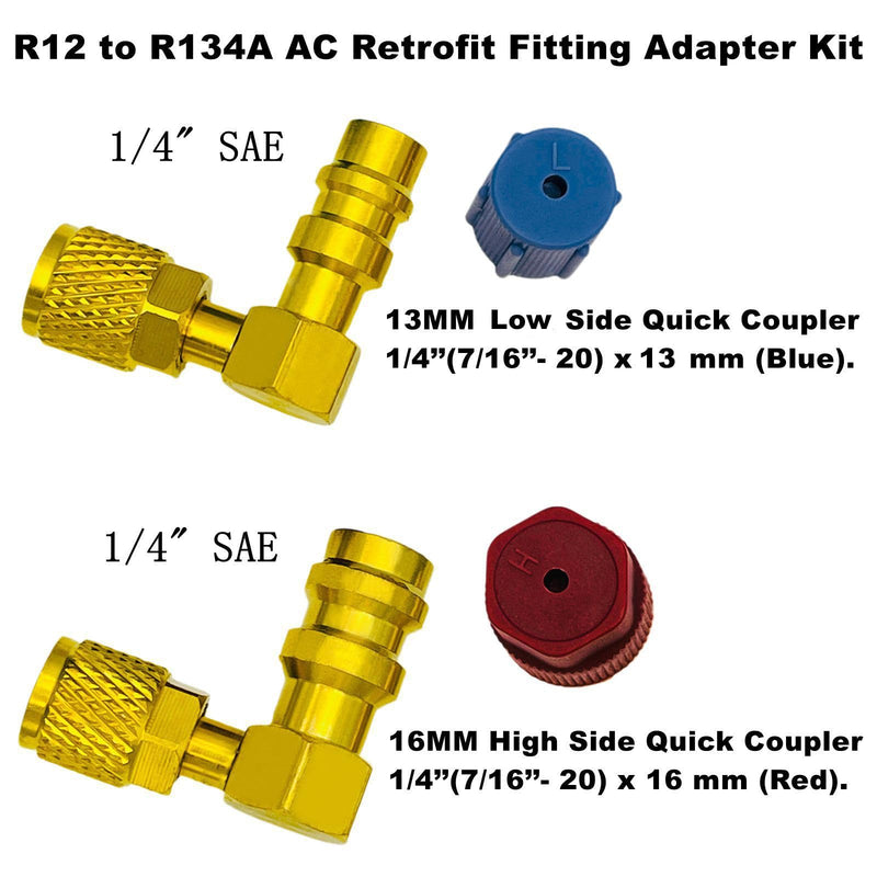 R12 to R134A AC Retrofit Fitting Adapter Kit, Brass R12 R22 to R134A High/Low Fitting Port Retrofit 1/4’’ to 7/16"-20 UNF Conversion Adapter (90° Angled High and Low Side Adapter) 90° Angled High and Low Side Adapter