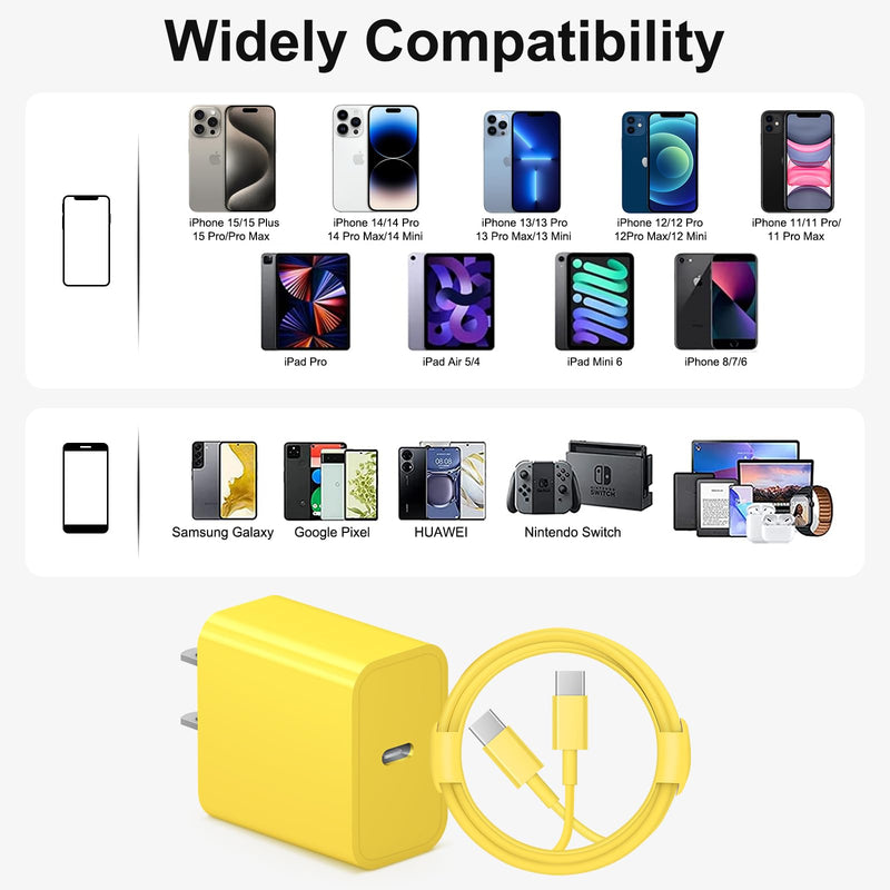 iPhone 16 15 Charger Fast Charging 10Ft - 2 Pack 20W USB C Wall Charger Block and Type C to C Cable Compatible with iPhone 16/16 Pro/16 Pro Max/iPhone 15, iPad Pro, Air 5/4,iPad 10（Yellow） Yellow