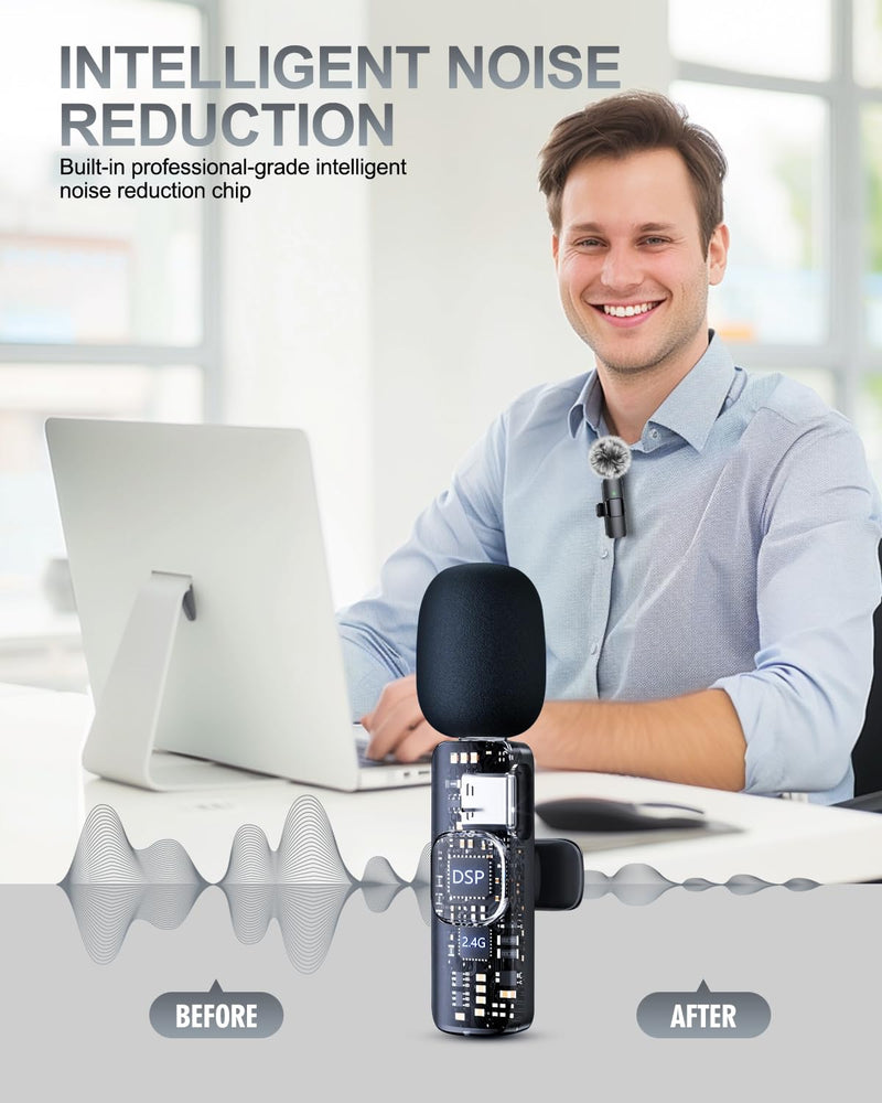 PQRQP 3 in 1 Professional Wireless Lavalier Microphone for iPhone, Android, Camera, Wireless Mini Microphones, Crystal Clear Sound Quality for Recording, Live Streaming, YouTube, TikTok, Elegant Black