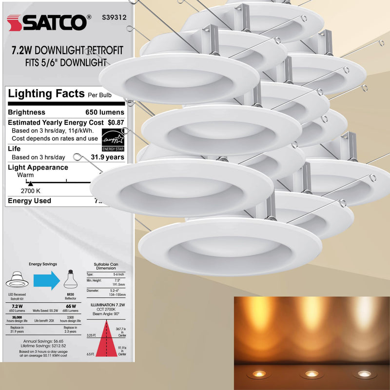 Satco S39312, 7.2 Watt LED Downlight Retrofit; 5-6 Inches; (2 LED Light Fixtures)