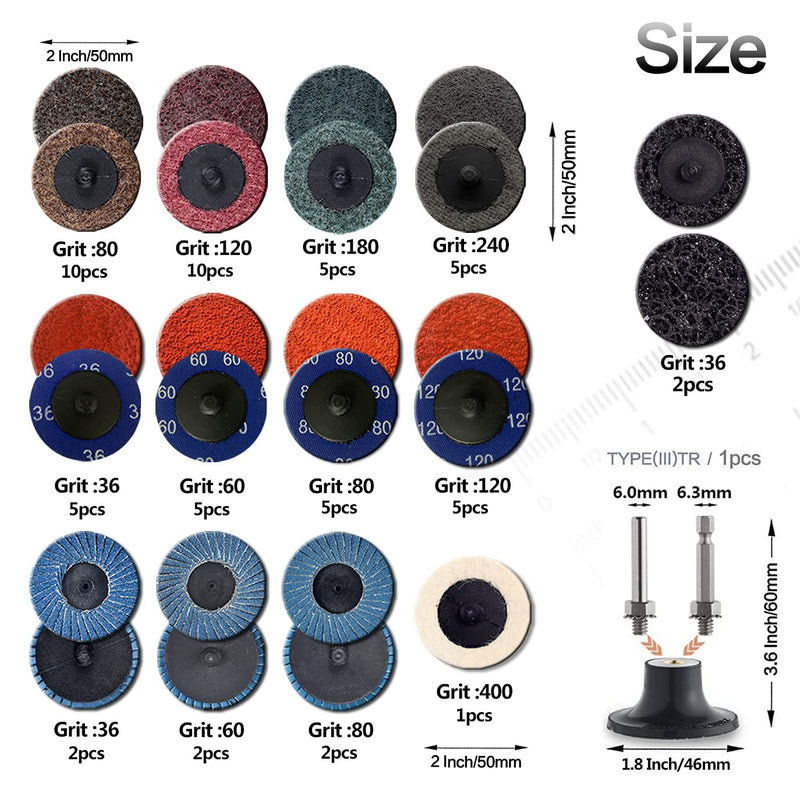 60Pcs 2 Inch Sanding Disc Set, Quick Change Disc Combination, 1/4 Inch Hold Fits Various Grinder. Widely Used for Surface Conditioning, Striping, Polishing, Finishing and Rust Paint Removal 60Pcs Quick Change Discs 2 Inch(Nylon main)
