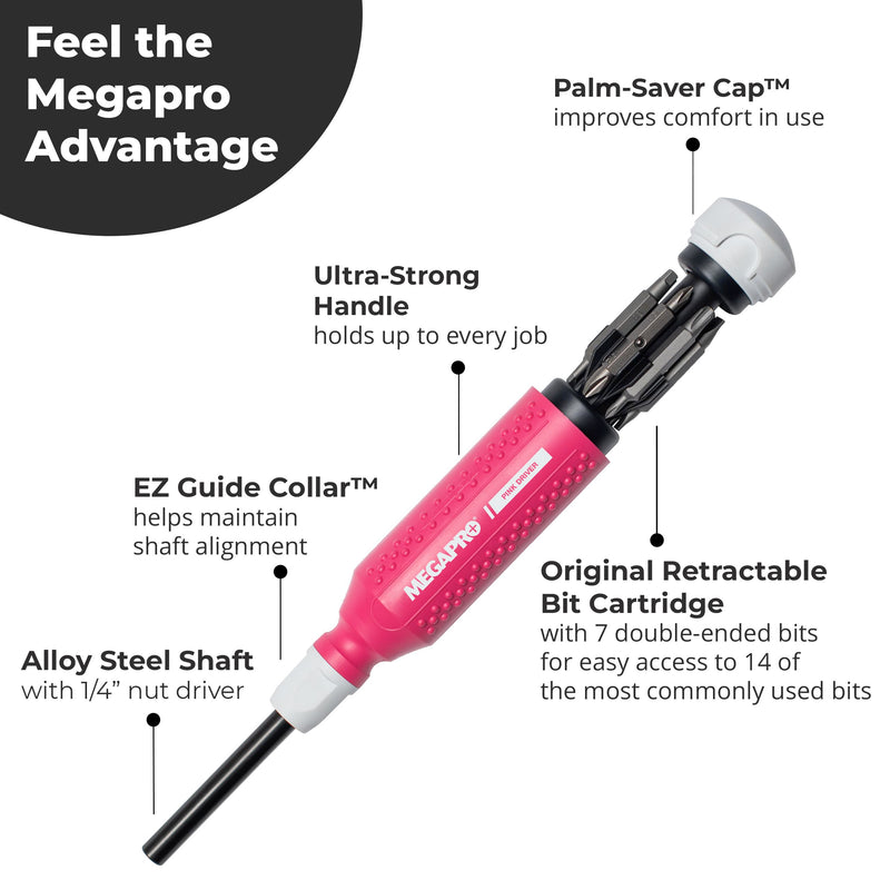MEGAPRO® 15-in-1 Original Multi-bit Screwdriver | Home DIY & Repair | Construction | Tradeswork | 14 Industrial-grade bit tips | 1/4" Hex Drive in shaft (Pink) 15-in-1 Original Pink Multi-bit Screwdriver