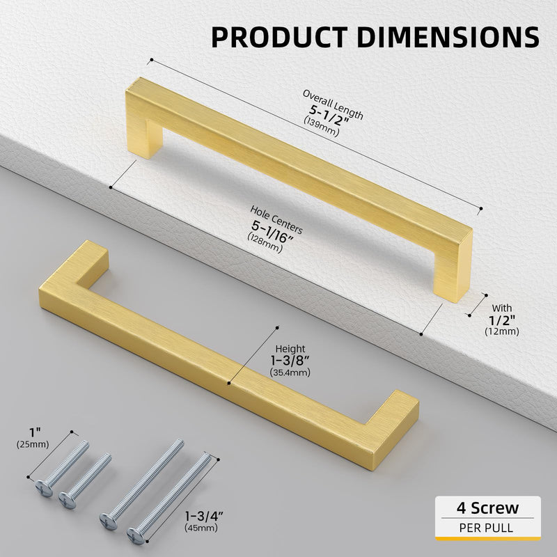 goldenwarm 10 Pack 5 inch Gold Cabinet Pulls Brushed Brass Drawer Handles Modern Square Stainless Steel Hardware Pull for Kitchen Cupboard Dresser 5 Inch Hole Center