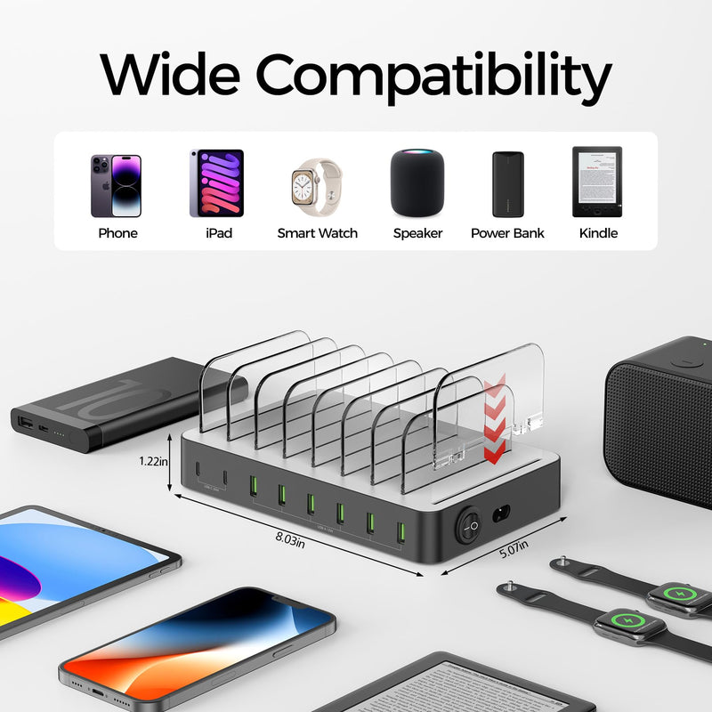 Unitek 8 Port USB Charger Dock - 2 PD 20W USB-C + 6 USB-A Ports Fast Charging Station for iPhone, iPad, Samsung Devices - Black Multi Tablet Holder & Organizer White