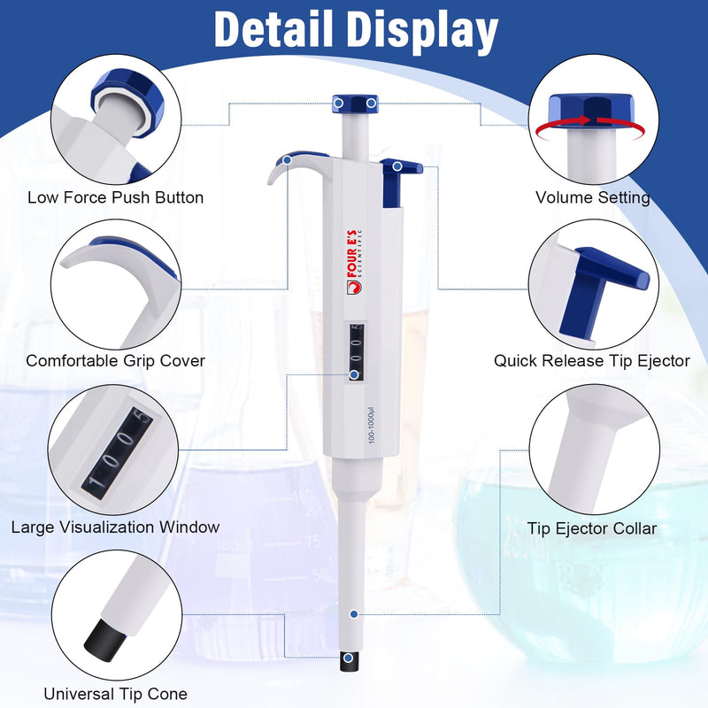 1000uL Micropipette, 1mL Lab Single Channel Micro Pipettes, Adjustable Variable Volume for Liquid Laboratory Scientific School 100-1000μl