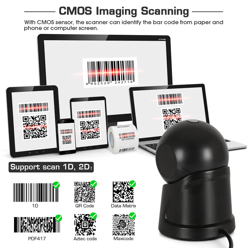 WoneNice Automatic Omnidirectional Desktop Barcode Scanner, USB Wired 1D 2D Barcode Scanner, Square QR Code Scanner, Handfree CMOS Image Bar Code Reader for Warehouse, Supermarket, Retail Store, Books